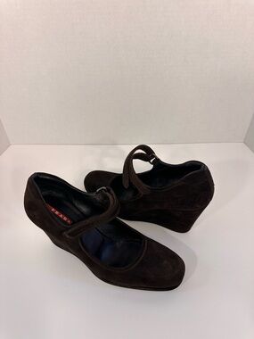 Prada Dark Brown Suede Mary Jane Wedge Pumps